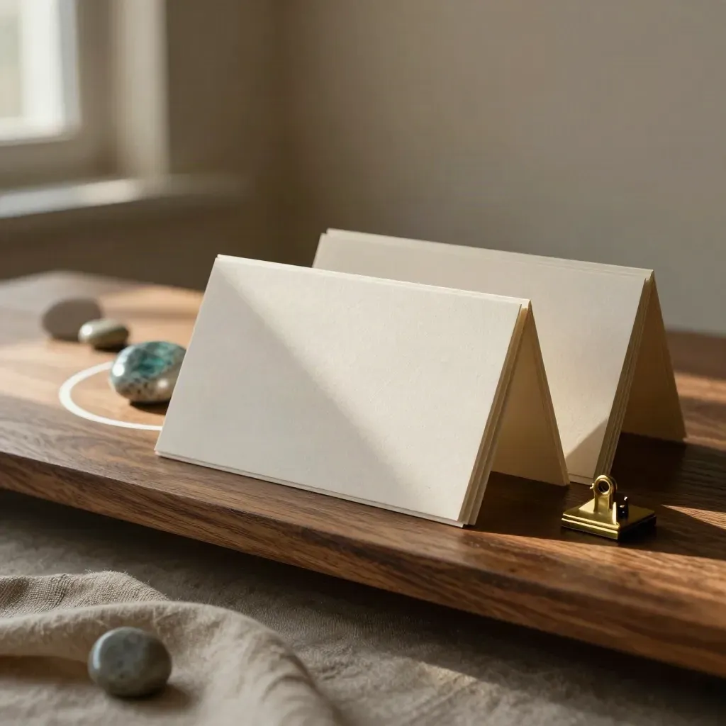 Face-down naming cards, letterpress blocks, brass clip and concept stones on a studio shelf.