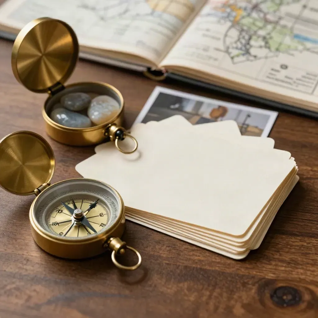 Brass compass, stone weight, index cards and strategy board on walnut in soft gold light