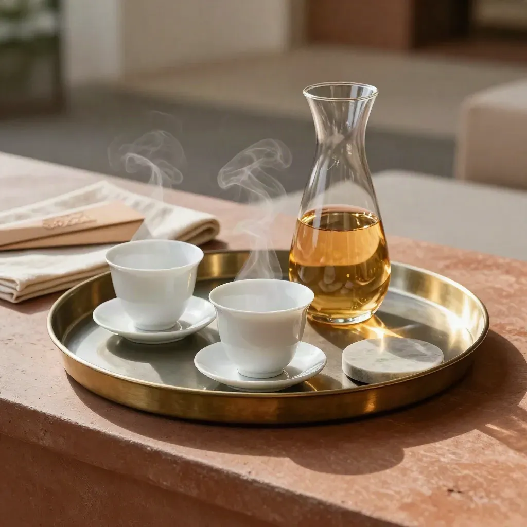 Brass hospitality tray with porcelain cups, glass carafe, stone coaster and folio in warm daylight