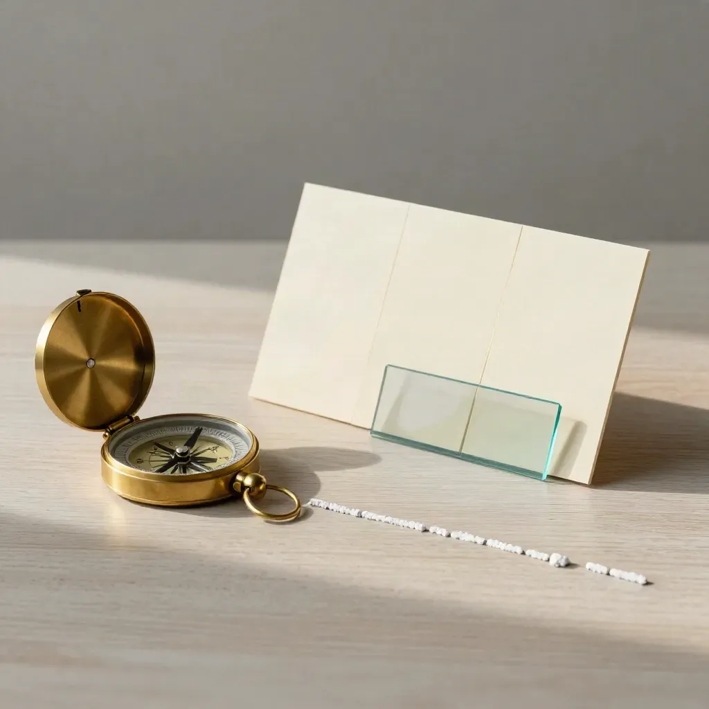 Brass compass, blank cards, acetate and stone chips on pale wood in soft side light.