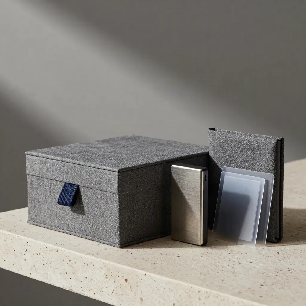 Archive box, memory drive, bound case and sleeves on a stone shelf in soft side light.