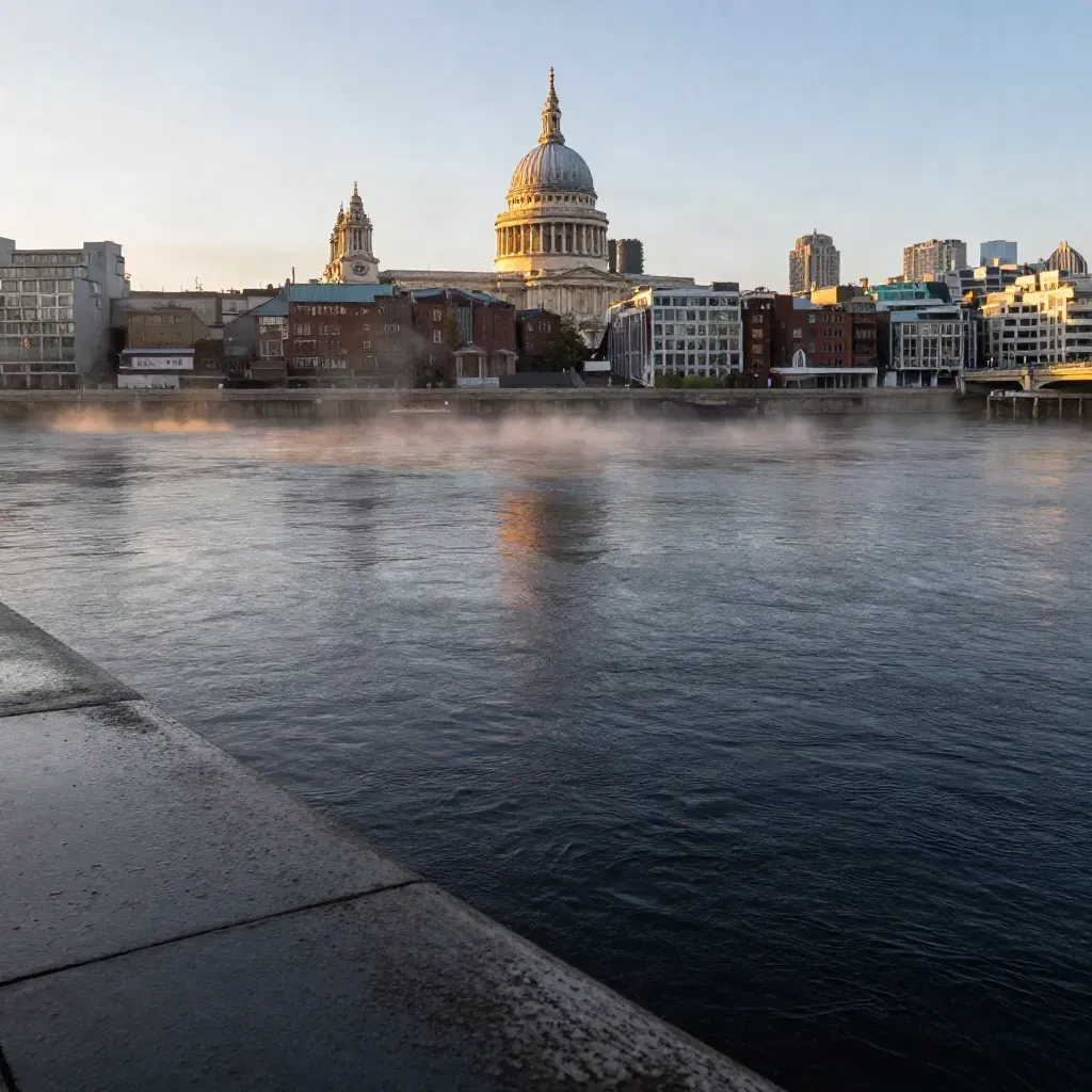 St Paul’s dome above the Thames after rain, warm mist and dark water held low for copy