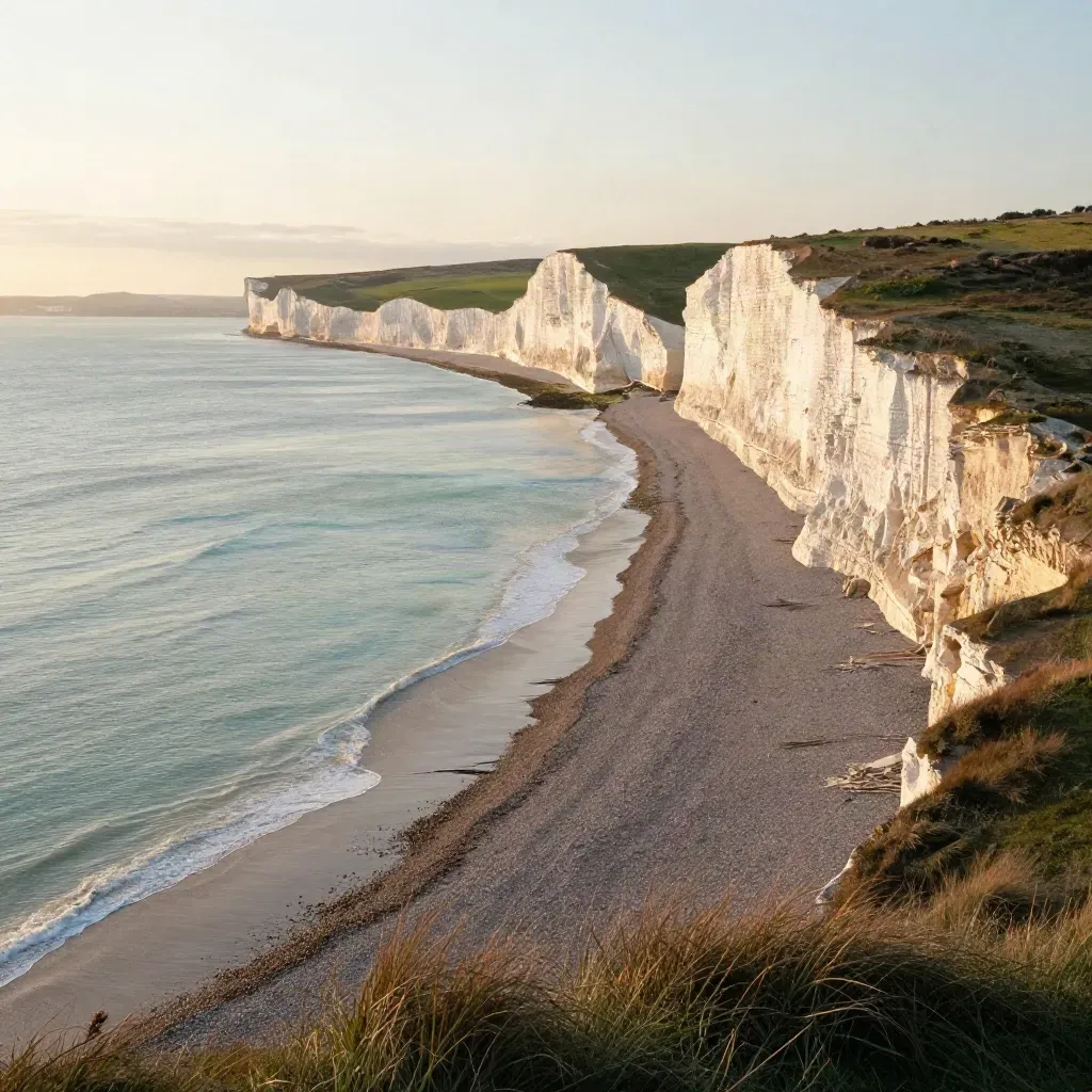Golden-hour white chalk cliffs over a bright tidal shoreline and calm sea haze.